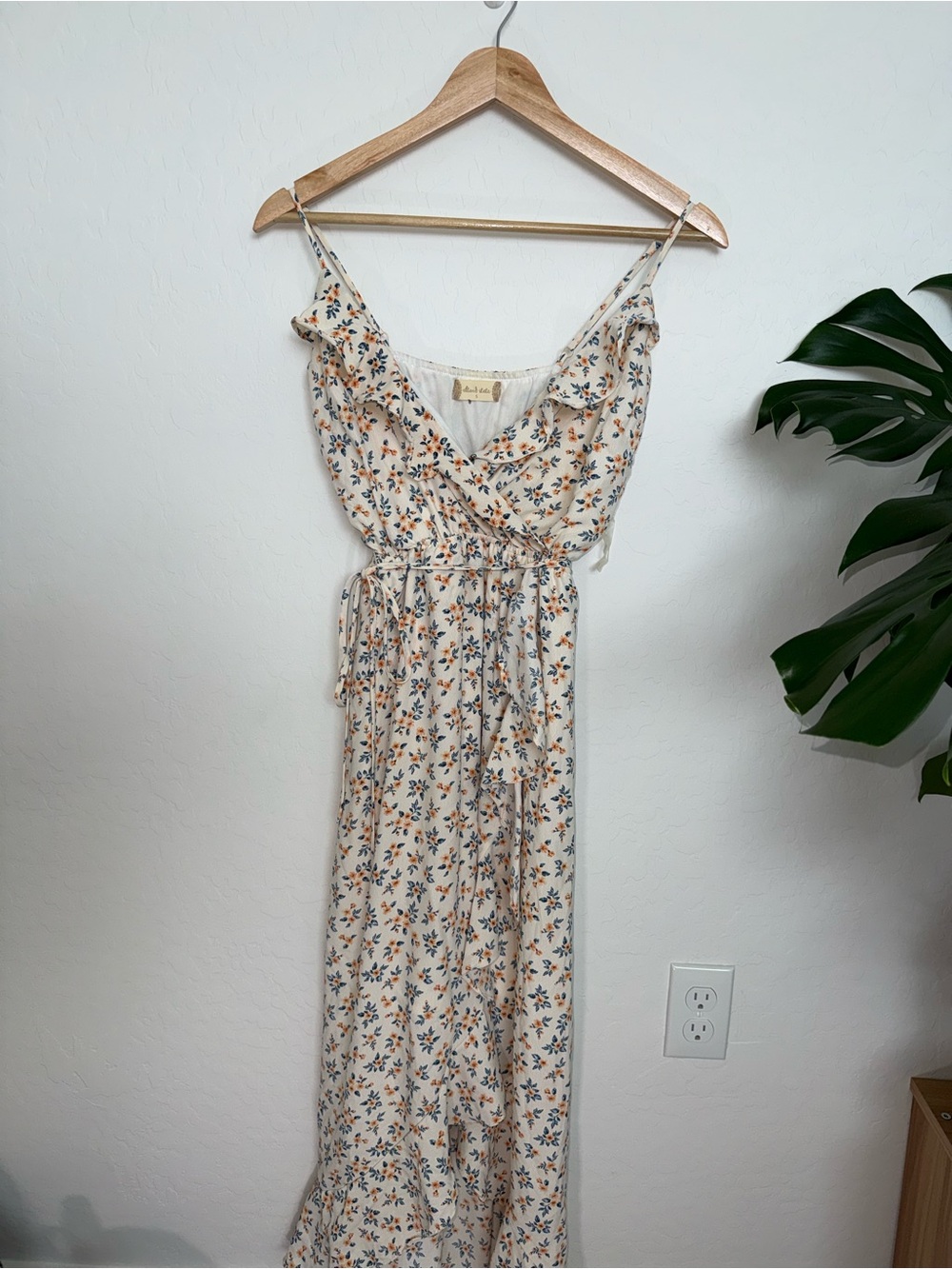 Altar'd State Cream Floral Maxi Dress with Blue & Orange Accents